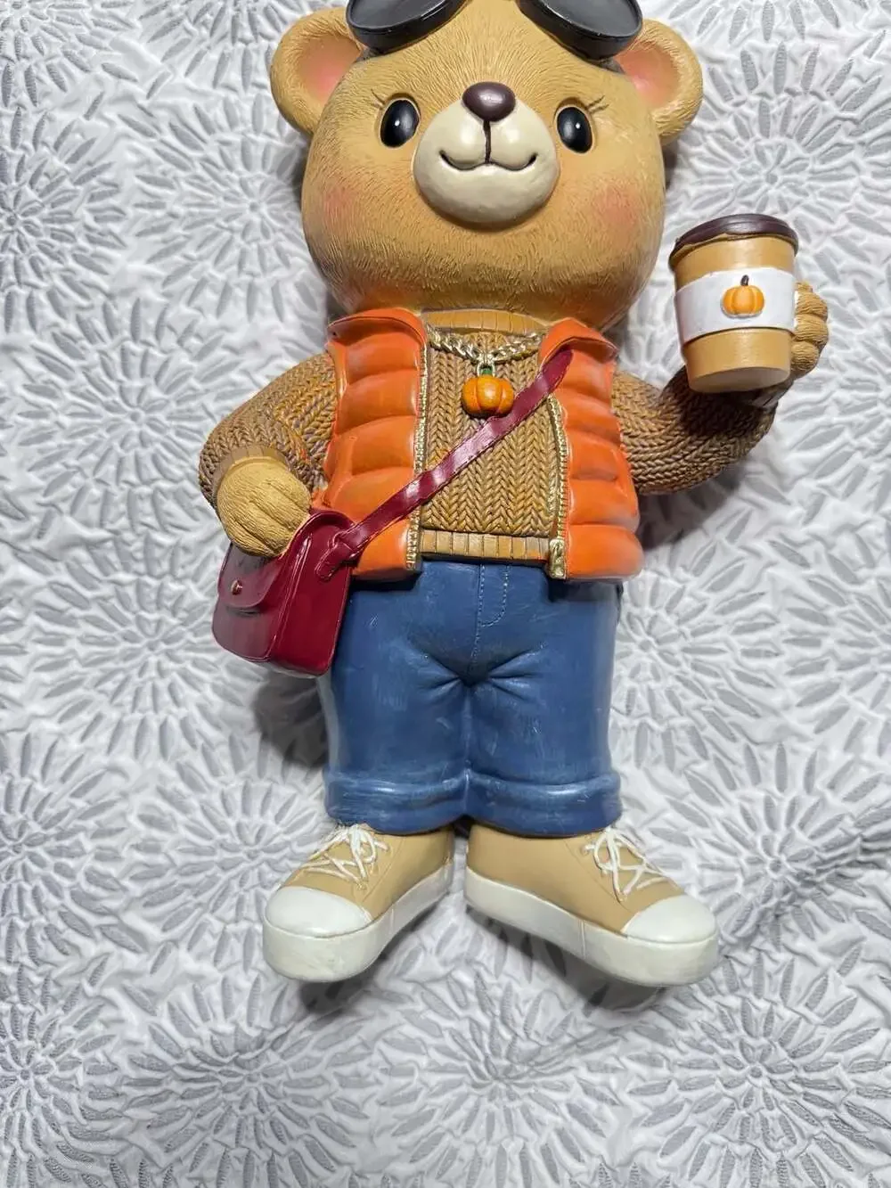 Fall Autumn Resin Bear Wearing Sunglasses Holding Coffee Cup 12” Figurine